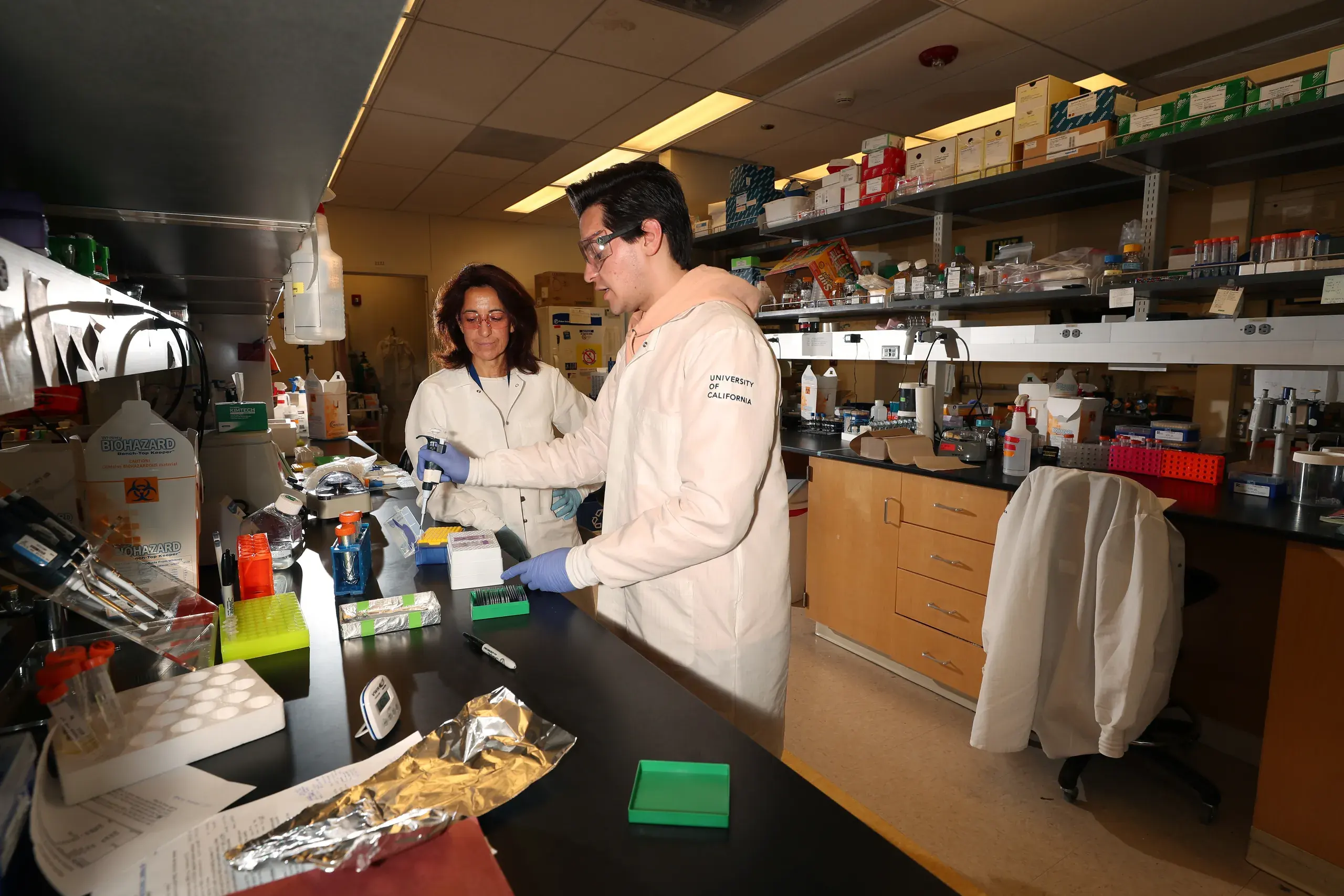 Professor Karine Le Roch in the lab training a lab member.