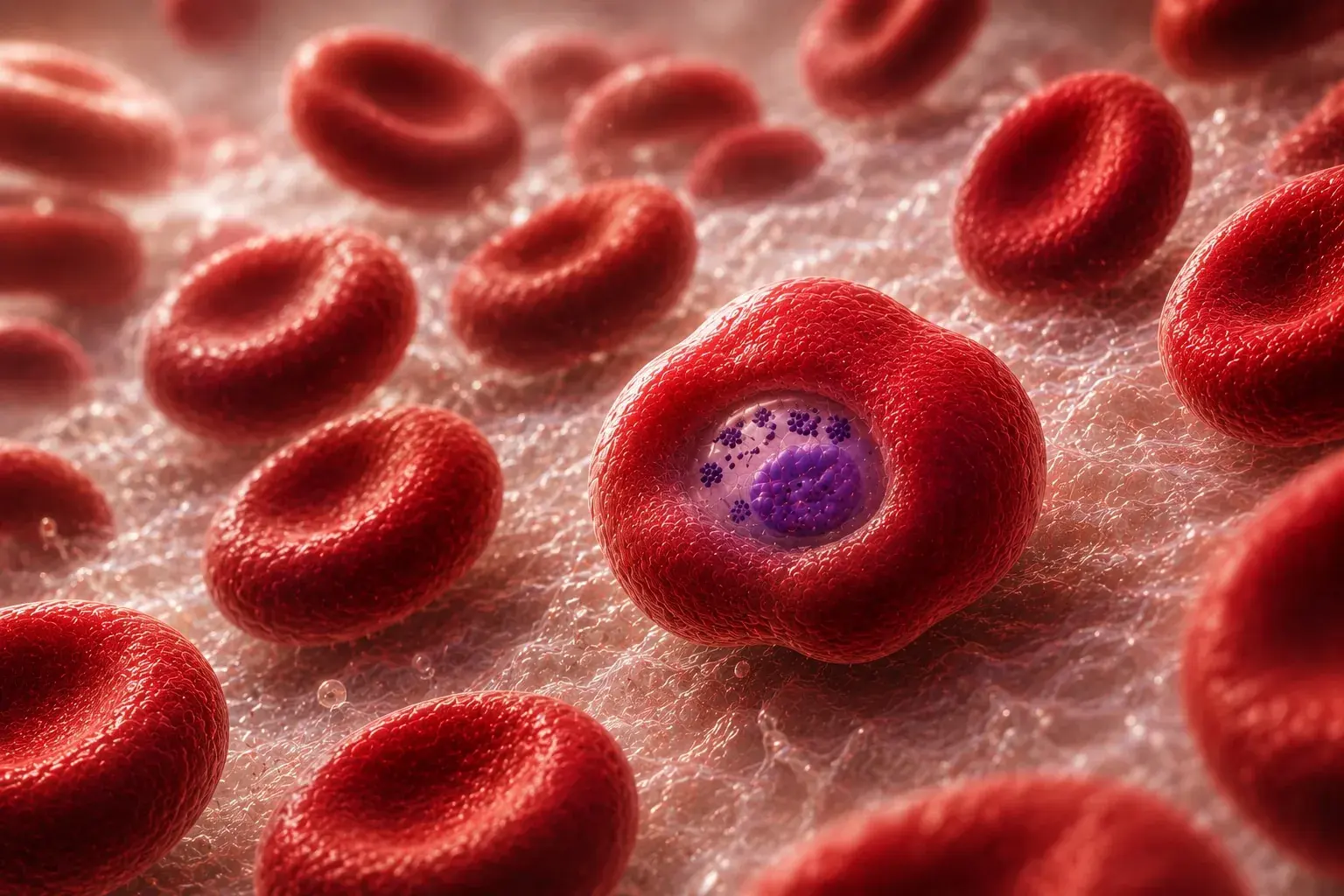 Ring-stage Plasmodium parasite inside a red blood cell, surrounded by erythrocytes — 3D rendering