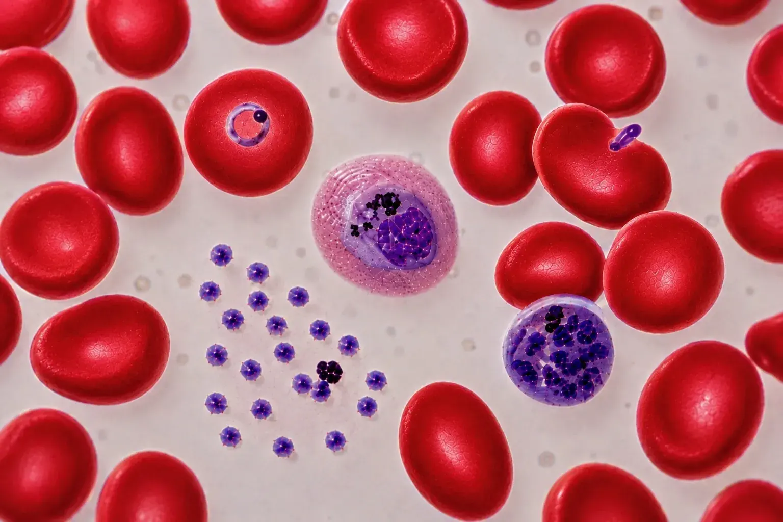 Blood smear with Plasmodium parasites at several stages of development
